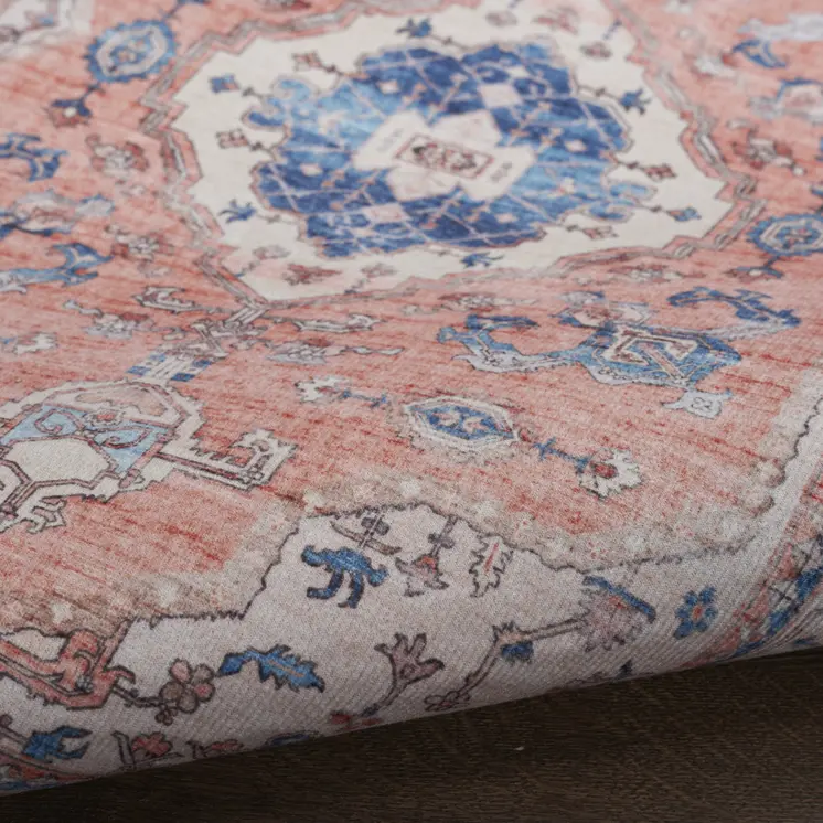 2' X 3' Ivory Blue and Coral Oriental Distressed Non Skid Area Rug