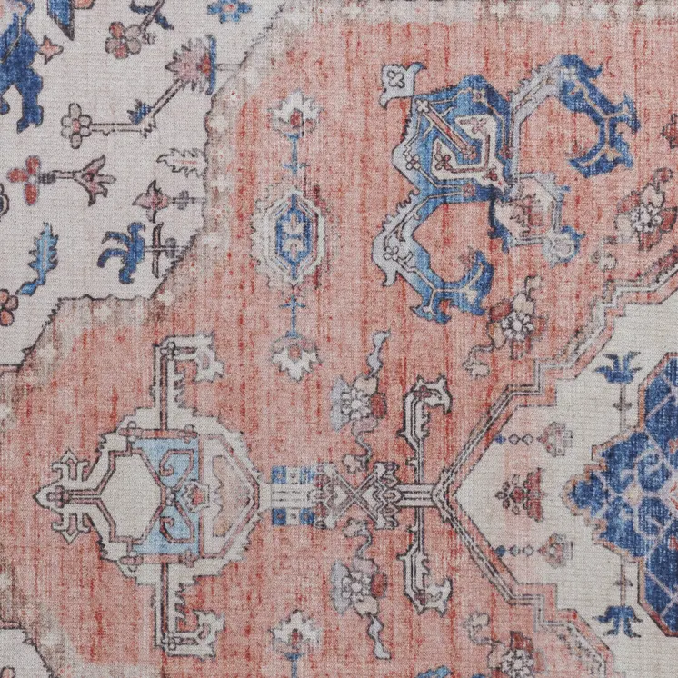 2' X 3' Ivory Blue and Coral Oriental Distressed Non Skid Area Rug