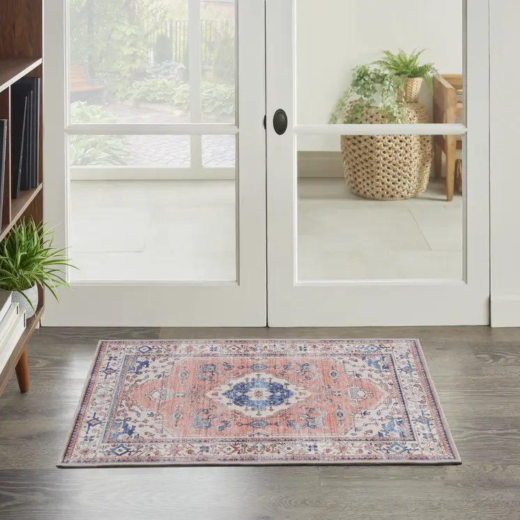 2' X 3' Ivory Blue and Coral Oriental Distressed Non Skid Area Rug