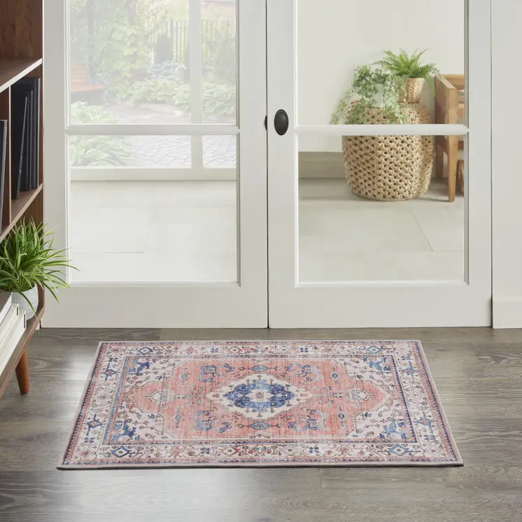 2' X 3' Ivory Blue and Coral Oriental Distressed Non Skid Area Rug