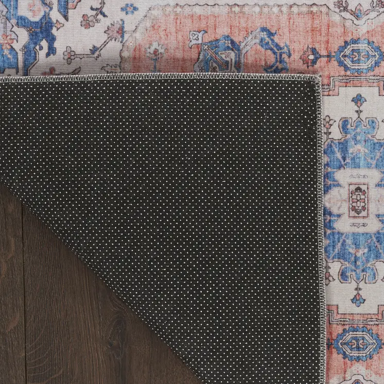 2' X 3' Ivory Blue and Coral Oriental Distressed Non Skid Area Rug
