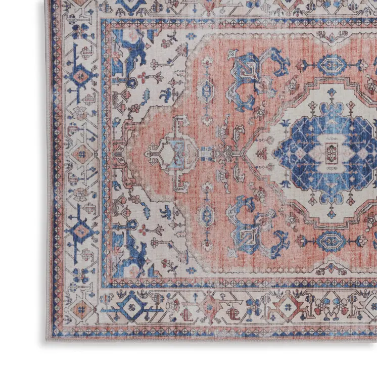 2' X 3' Ivory Blue and Coral Oriental Distressed Non Skid Area Rug