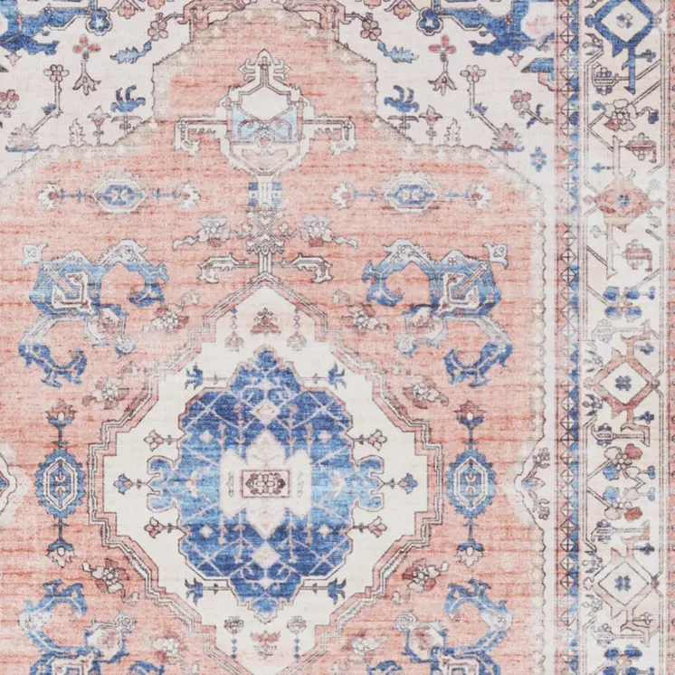 2' X 3' Ivory Blue and Coral Oriental Distressed Non Skid Area Rug