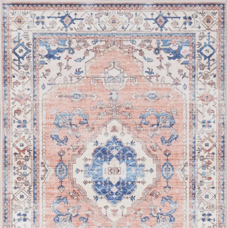 2' X 3' Ivory Blue and Coral Oriental Distressed Non Skid Area Rug