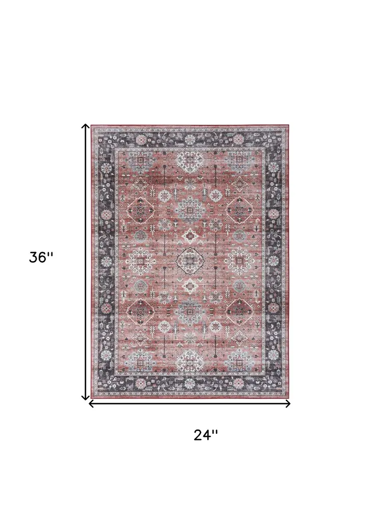2' X 3' Brick Red and Black Oriental Distressed Non Skid Area Rug