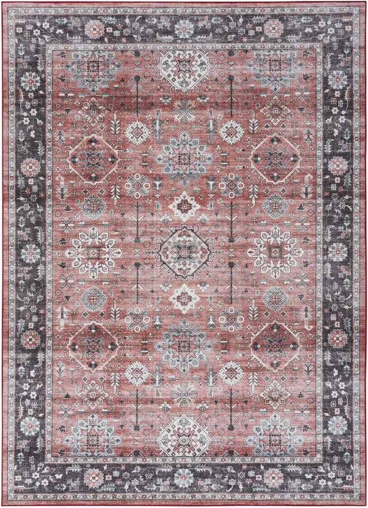 2' X 3' Brick Red and Black Oriental Distressed Non Skid Area Rug