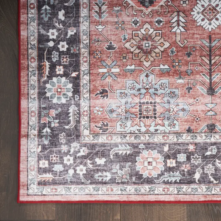 2' X 3' Brick Red and Black Oriental Distressed Non Skid Area Rug