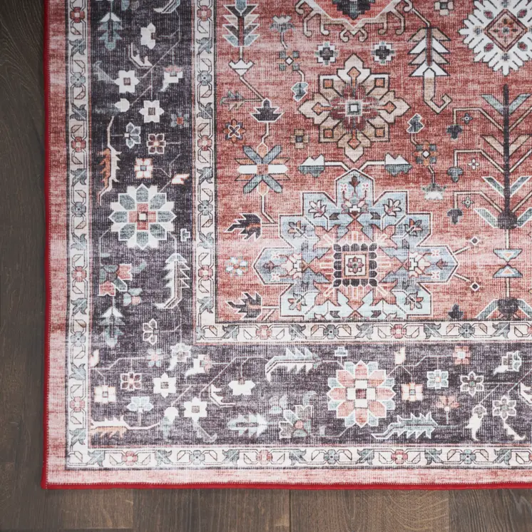 2' X 3' Brick Red and Black Oriental Distressed Non Skid Area Rug