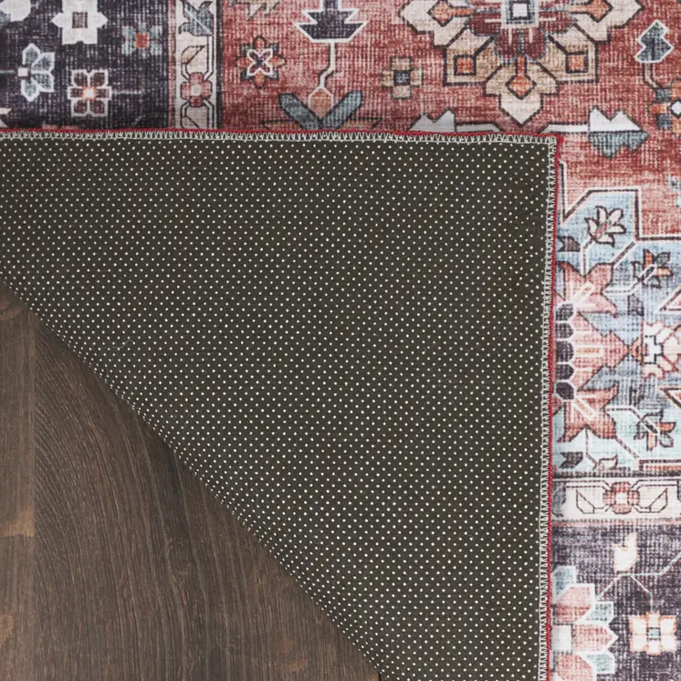 2' X 3' Brick Red and Black Oriental Distressed Non Skid Area Rug