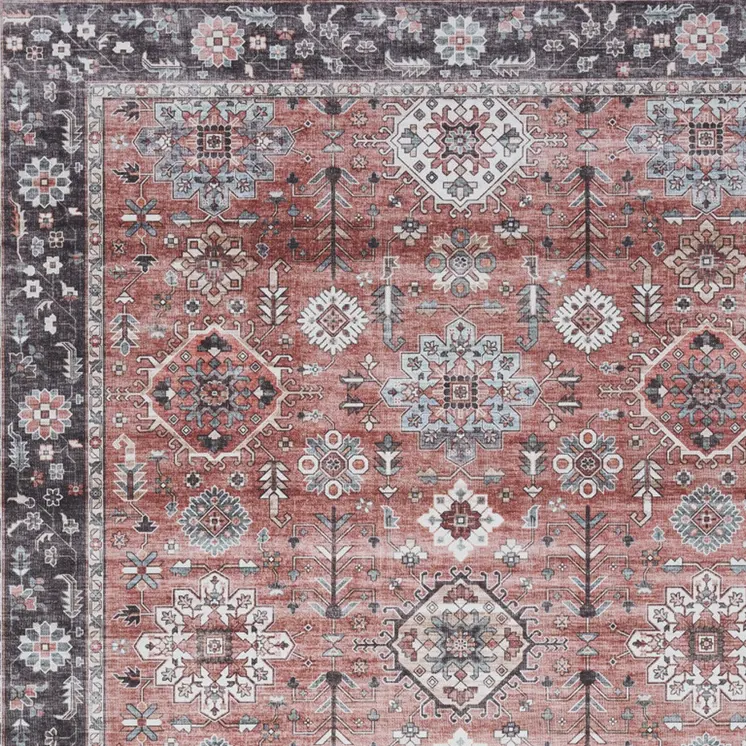 2' X 3' Brick Red and Black Oriental Distressed Non Skid Area Rug