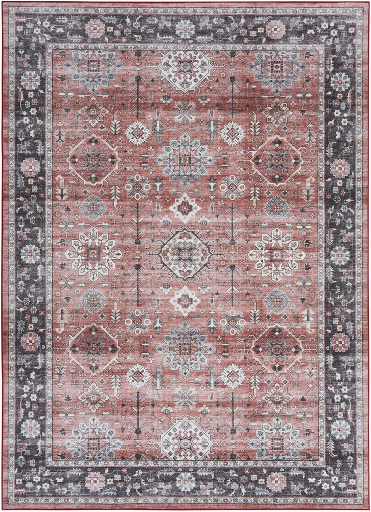 2' X 3' Brick Red and Black Oriental Distressed Non Skid Area Rug