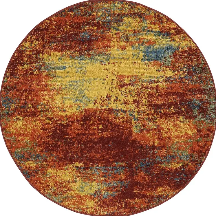 4' Flame Yellow And Orange Round Abstract Indoor Outdoor Area Rug