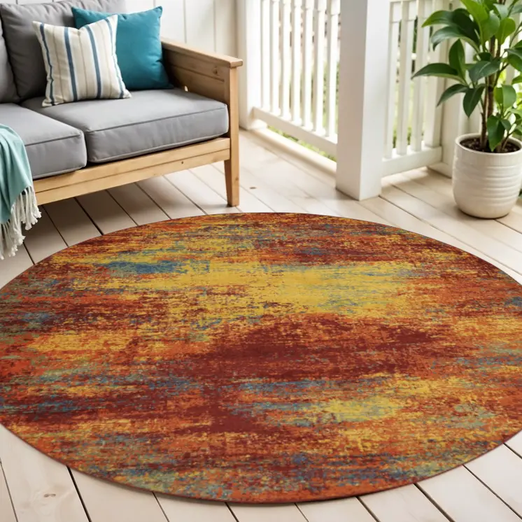 4' Flame Yellow And Orange Round Abstract Indoor Outdoor Area Rug