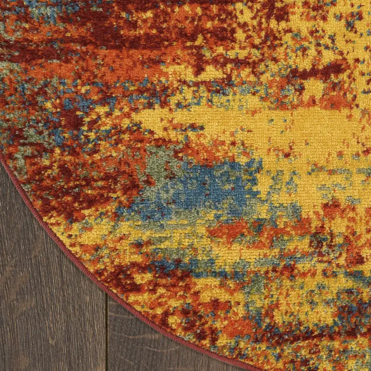 4' Flame Yellow And Orange Round Abstract Indoor Outdoor Area Rug