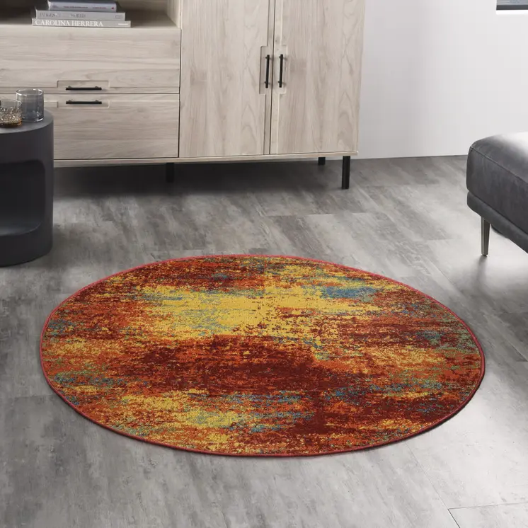 4' Flame Yellow And Orange Round Abstract Indoor Outdoor Area Rug