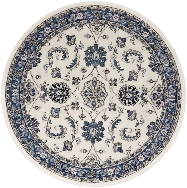 4' Ivory And Blue Round Floral Indoor Outdoor Area Rug
