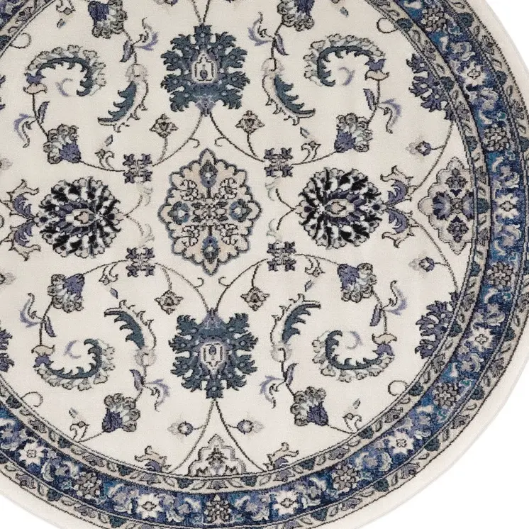 4' Ivory And Blue Round Floral Indoor Outdoor Area Rug