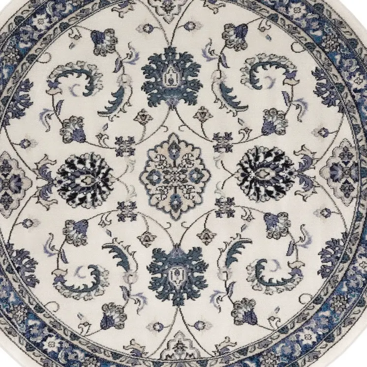 4' Ivory And Blue Round Floral Indoor Outdoor Area Rug