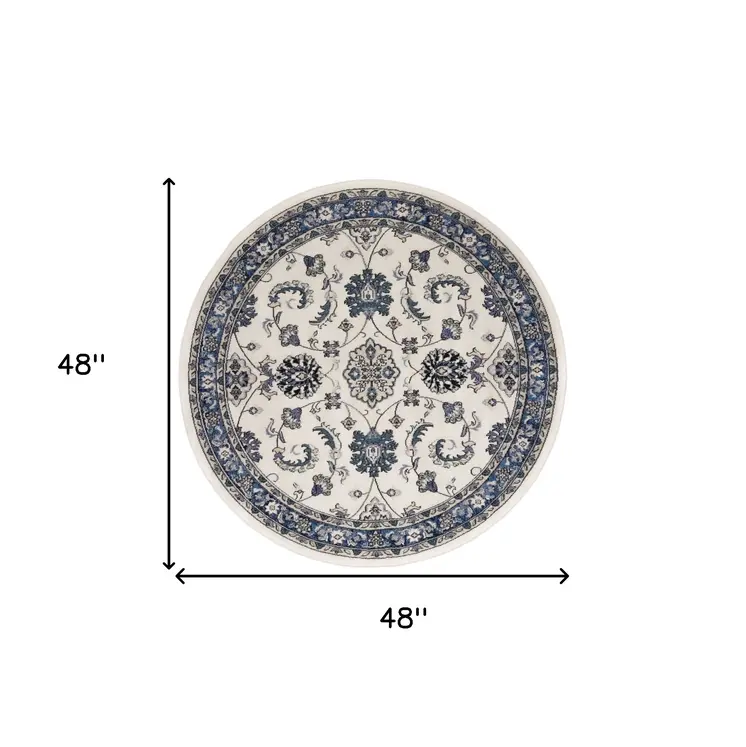 4' Ivory And Blue Round Floral Indoor Outdoor Area Rug