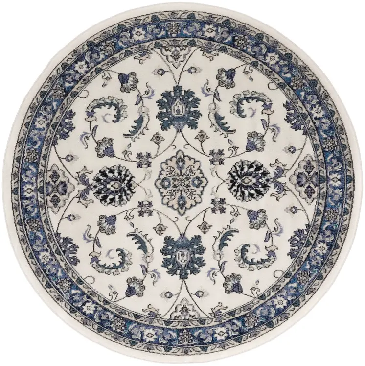 4' Ivory And Blue Round Floral Indoor Outdoor Area Rug