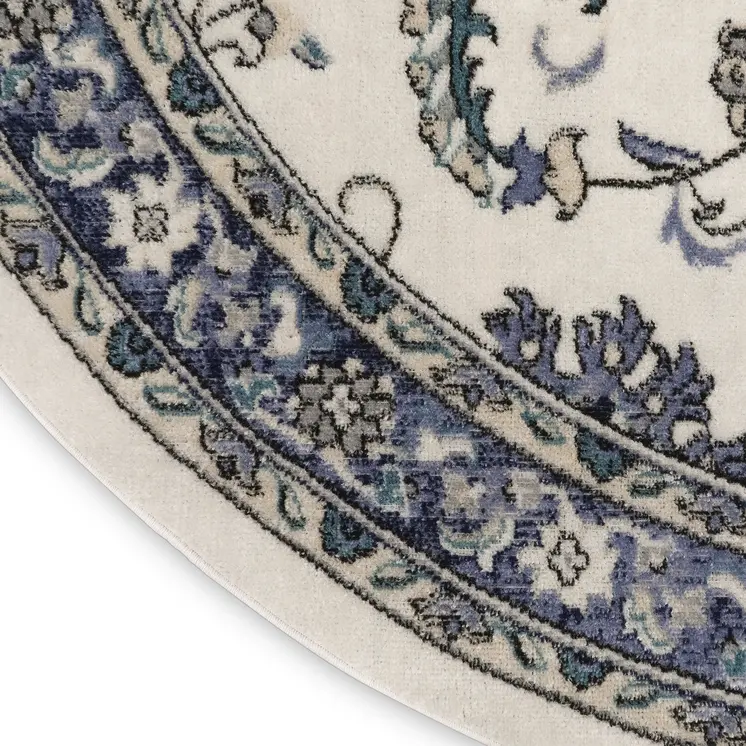 4' Ivory And Blue Round Floral Indoor Outdoor Area Rug