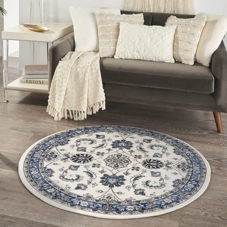 4' Ivory And Blue Round Floral Indoor Outdoor Area Rug