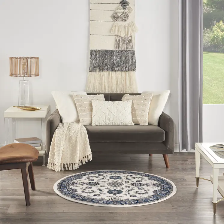 4' Ivory And Blue Round Floral Indoor Outdoor Area Rug