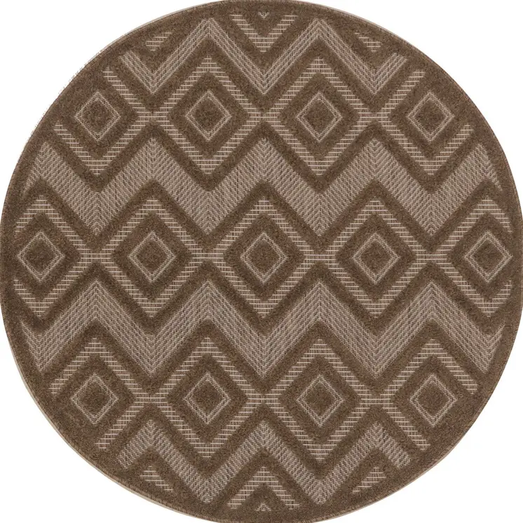 4' Dark Brown And Light Brown Round Geometric Indoor Outdoor Area Rug