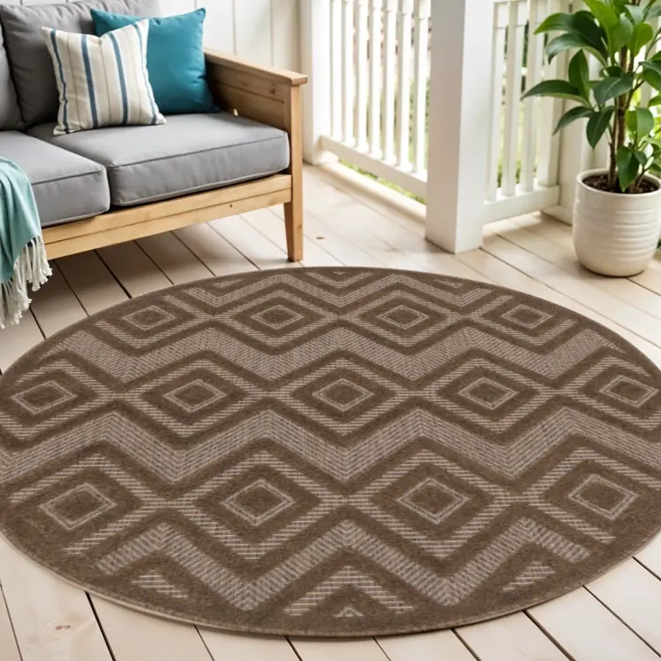 4' Dark Brown And Light Brown Round Geometric Indoor Outdoor Area Rug