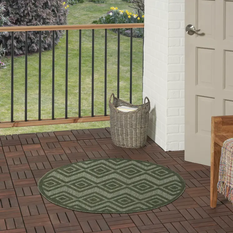 4' Dark Green And Light Green Round Geometric Indoor Outdoor Area Rug