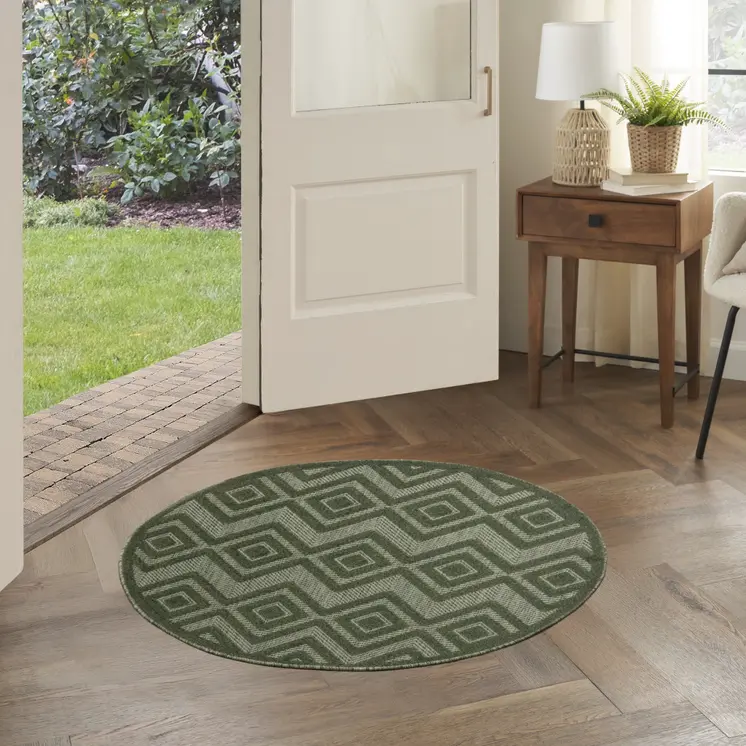 4' Dark Green And Light Green Round Geometric Indoor Outdoor Area Rug