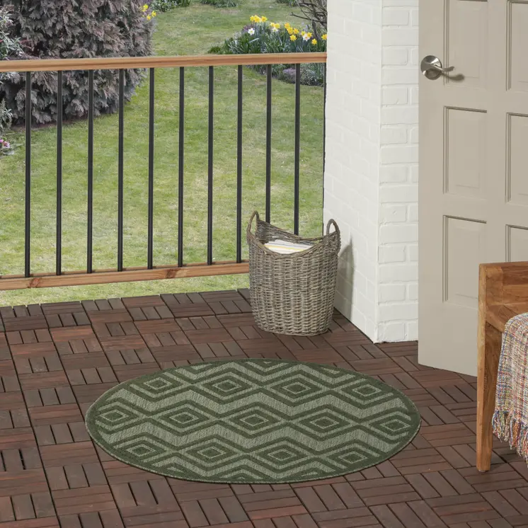 4' Dark Green And Light Green Round Geometric Indoor Outdoor Area Rug