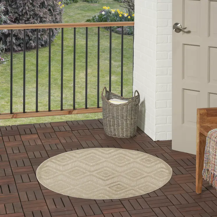 4' Cream And Beige Round Geometric Indoor Outdoor Area Rug