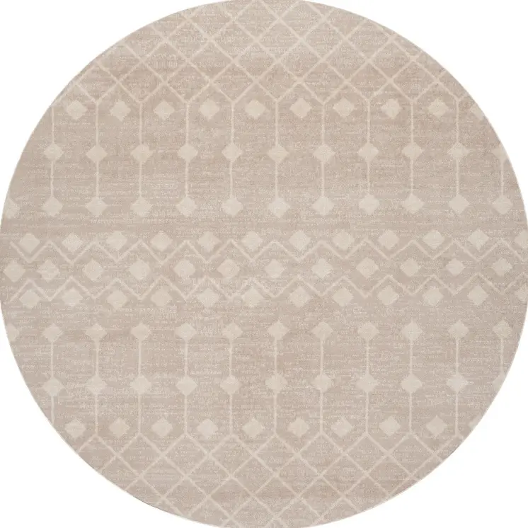 5' Beige Geometric Power Loom Round Rug