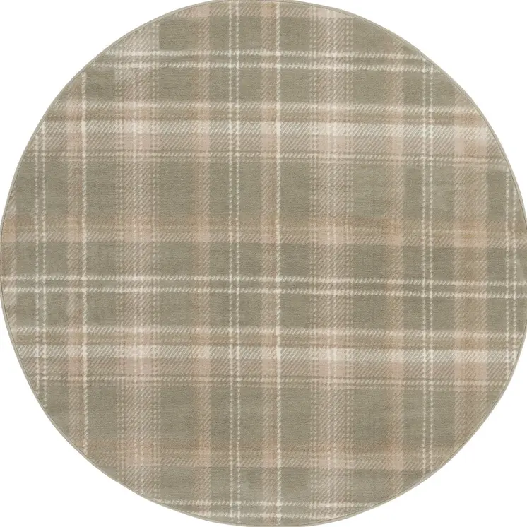 5' Olive Green and Ivory Plaid Round Rug