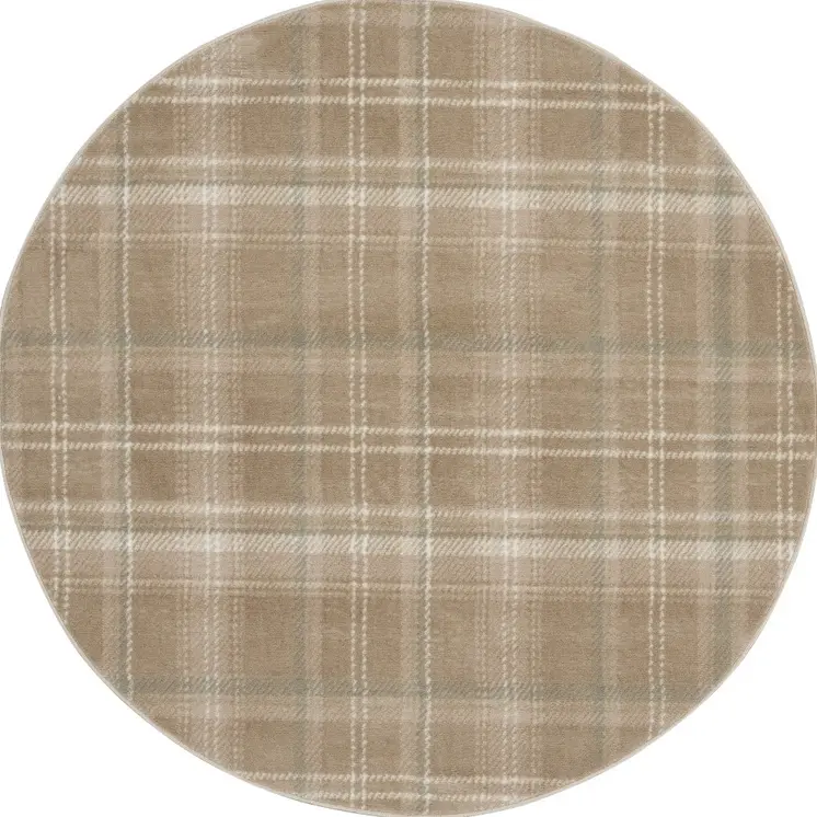 5' Taupe and Ivory Plaid Round Rug