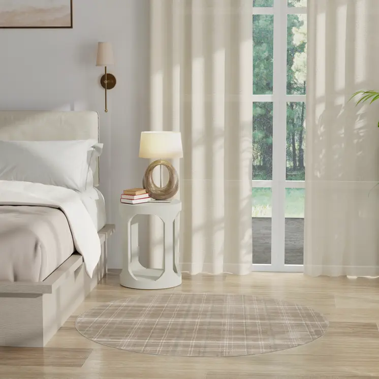 5' Taupe and Ivory Plaid Round Rug