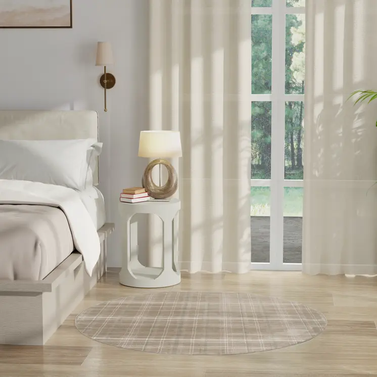 5' Taupe and Ivory Plaid Round Rug