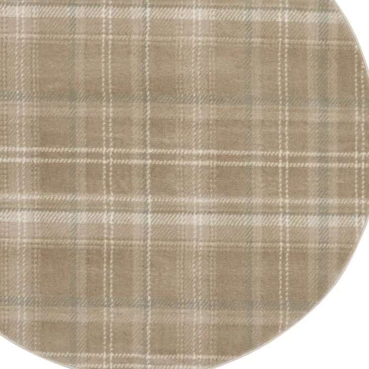 5' Taupe and Ivory Plaid Round Rug