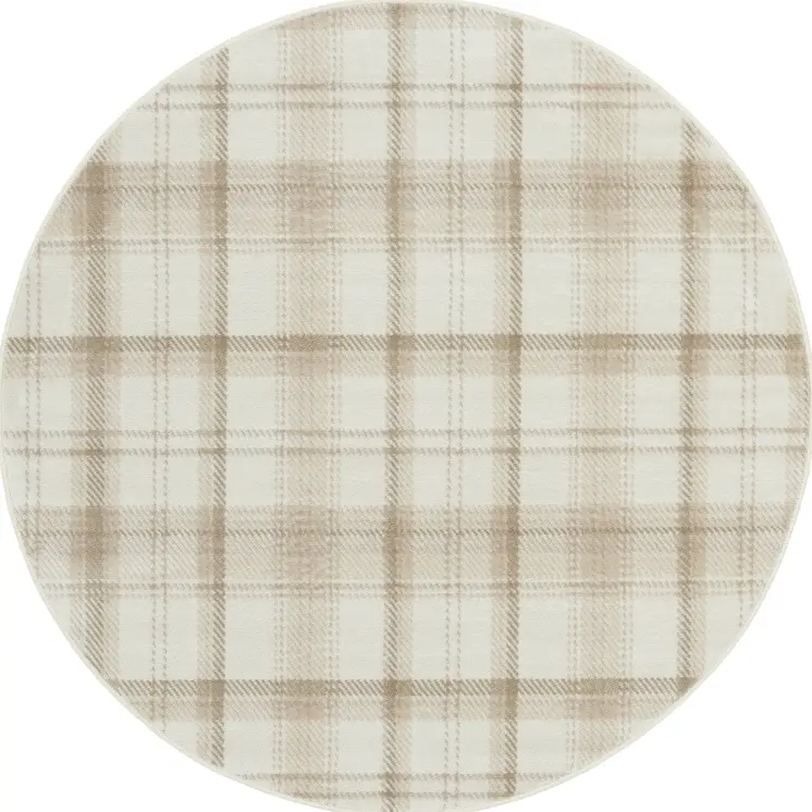 5' Ivory Plaid Power Loom Round Rug