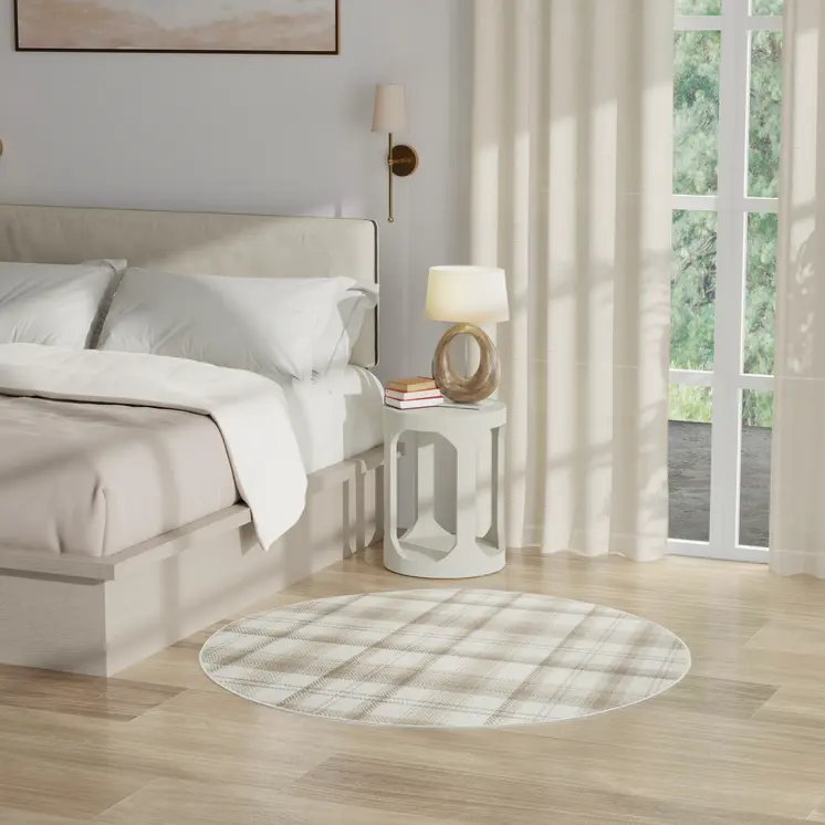 5' Ivory Plaid Power Loom Round Rug
