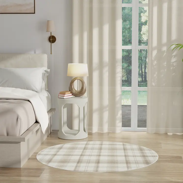 5' Ivory Plaid Power Loom Round Rug