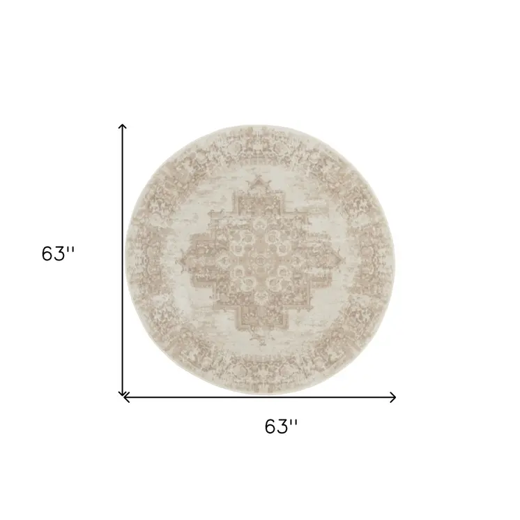 5' Ivory Floral Power Loom Worn Faded Round Rug