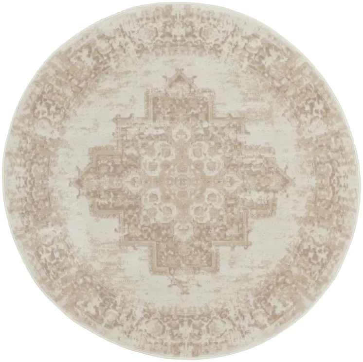 5' Ivory Floral Power Loom Worn Faded Round Rug