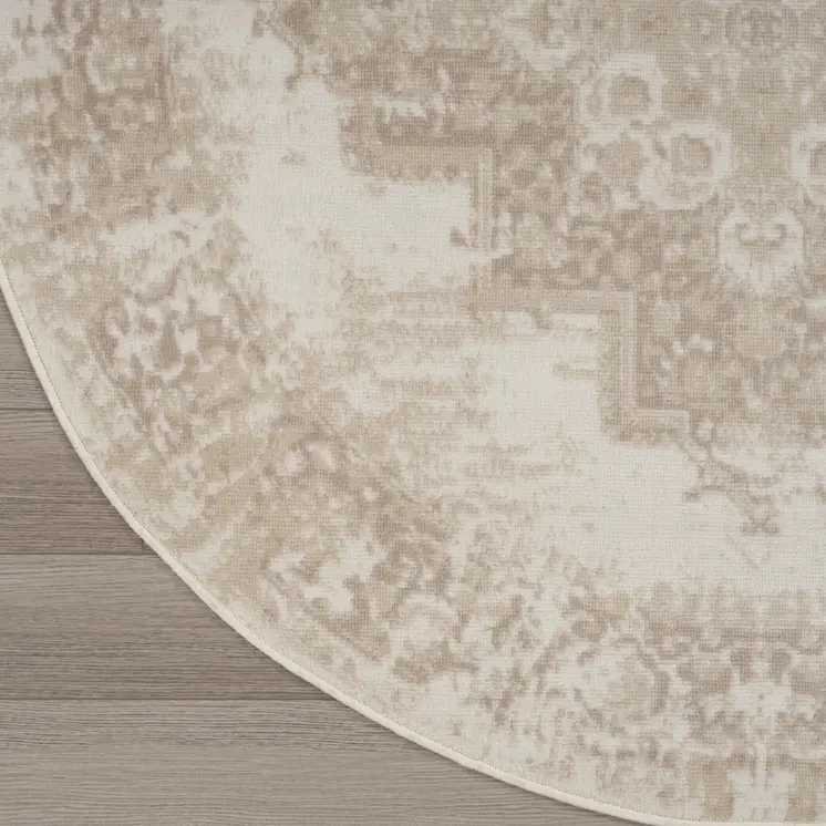5' Ivory Floral Power Loom Worn Faded Round Rug