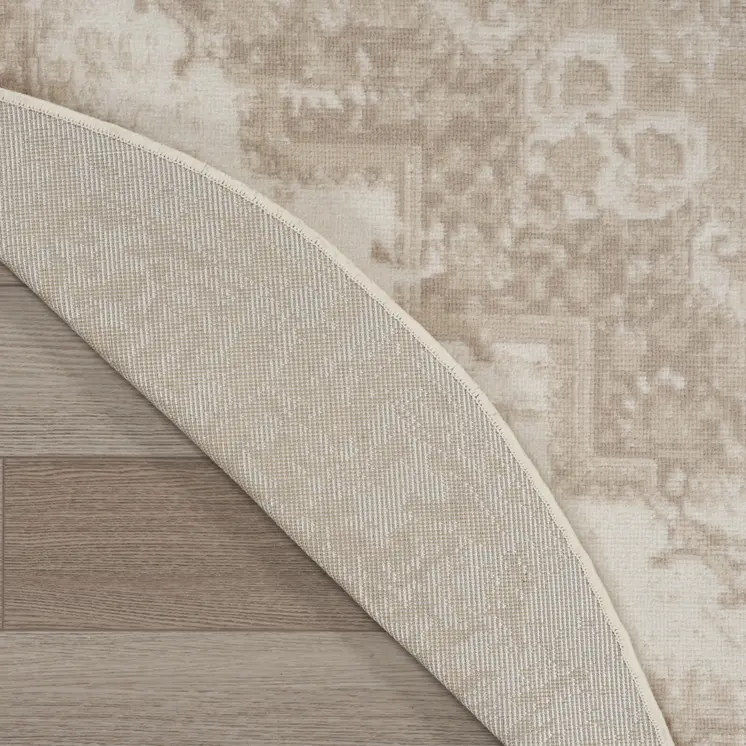 5' Ivory Floral Power Loom Worn Faded Round Rug