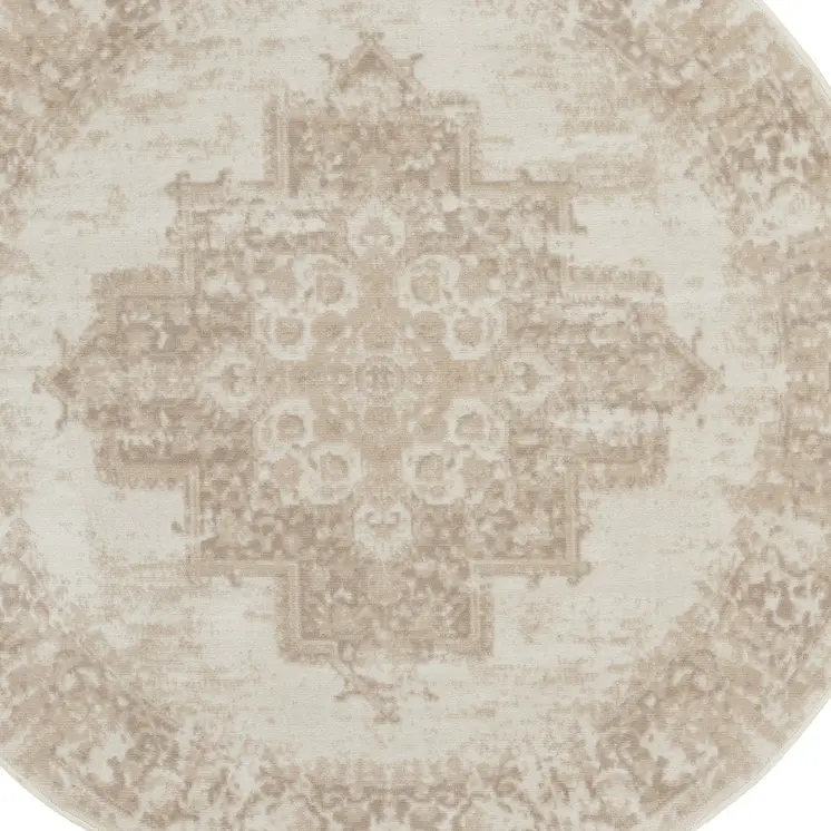 5' Ivory Floral Power Loom Worn Faded Round Rug