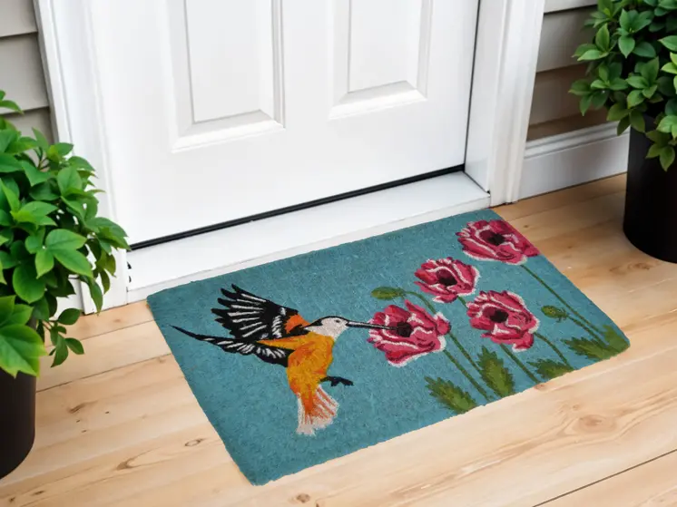 18" X 30" Blue Orange and Green Coir Hummingbird Outdoor Door Mat