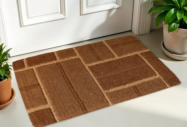 18" X 30" Brown Coir Geometric Bricks Outdoor Door Mat