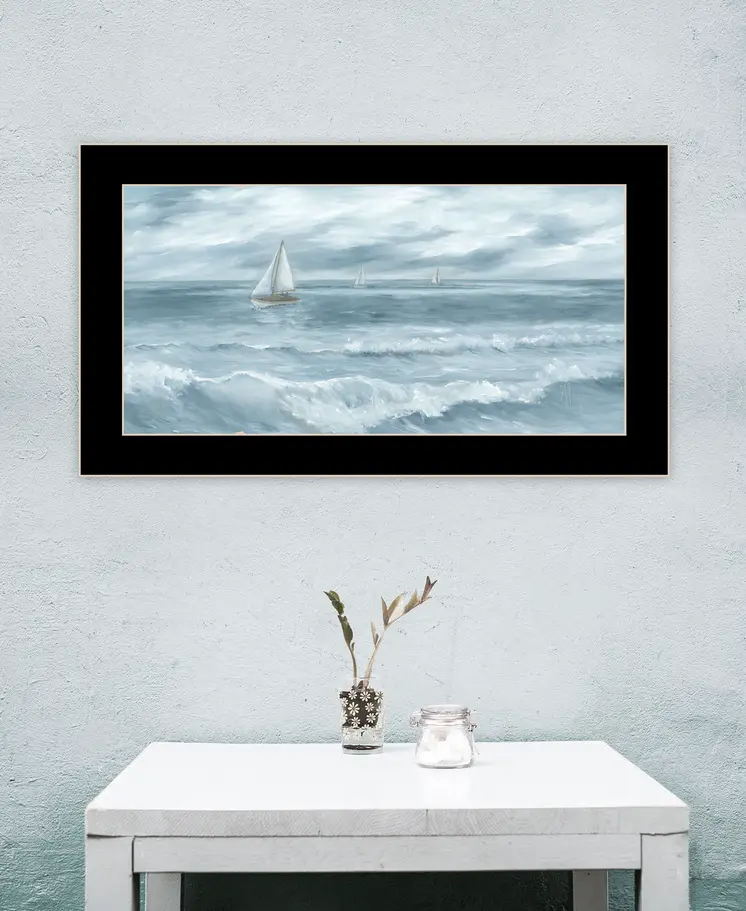 Three Sailboats Ocean Scene Black Framed Wall Art
